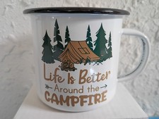 12oz Enamel Camping Coffee Mug "Life Is Better Around The Campfire" White