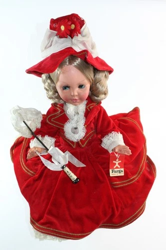 Vintage FURGA VINYL BLONDE DOLL Original Red Dress w/Hoop & Bonnet - 15" ITALY