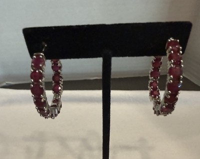Sterling Silver Inside Outside Hoop Earrings w Lab Created Ruby Red Stones 1.3 