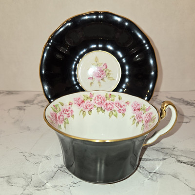  Adderley Black Teacup & Saucer Cabbage Rose w/ Gold Trim Bone China England VTG