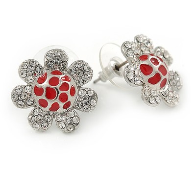 Ohrstecker klar Kristall, rote Emaille ''Sonnenblume'' floral in silberfarben -