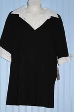 Studio Works black 100% cotton knit top w/white eyelet collar & slv cuffs M NWT