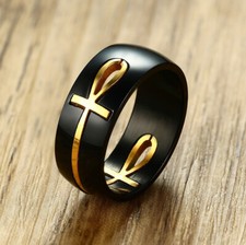 Ankh Egyptian Cross Ring Men Personalized Black Gold Stainless Steel Key of Life
