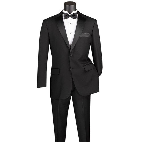 VINCI Men's Black Classic-Fit Tuxedo Suit w/ Sateen Lapel & Trim - NEW - Picture 4 of 4