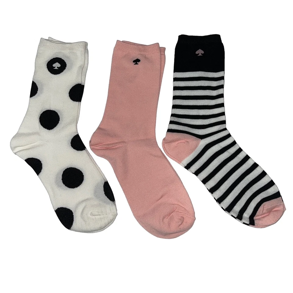 Calcetines Kate Spade Crew Rosa Blanco Negro Rayas Lunares Logo 3 Pares Talla 4-10 Foto 4 de 4