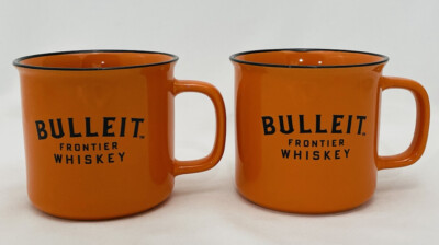 BULLEIT FRONTIER BOURBON WHISKEY MUG CERAMIC CUP ORANGE and BLACK SET OF 2