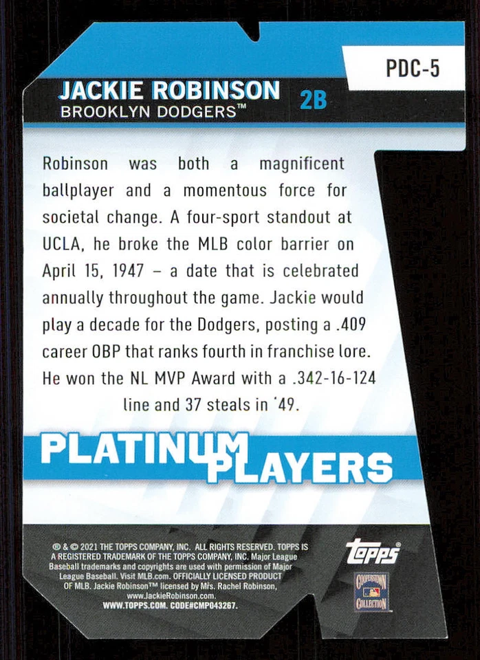 2021 Topps Platinum Players Die Cuts #PDC5 Jackie Robinson - Image 2 of 2
