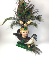 Art Figurine Handmade Porcelain Doll Gold Green Peacock Feathers Bird 18 in