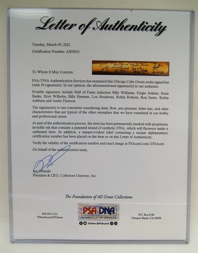 Chicago Cubs Cooperstown 39 Player Signed Bat Ernie Banks Ron Santo PSA/DNA LOA - Picture 2 of 12