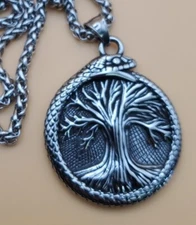 Stainless Steel Celtic Ouroboros/Tree of Life Pendant With Chain - Silver Tone