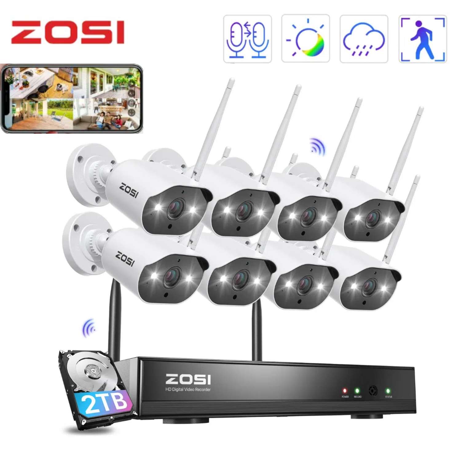 ZOSI 8CH NVR 3MP Wireless Security Camera System WiFi Outdoor IP 2 Way Audio