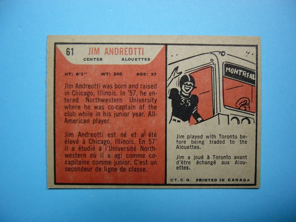 1965 TOPPS CFL FOOTBALL CARD #61 JIM ANDREOTTI EX/NM NM SHARP!! '65 TOPPS - Image 2 of 2