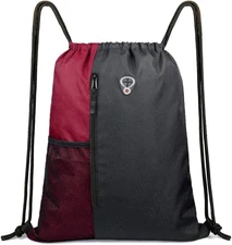 Maroon Drawstring Gym Bag with Zipper & Mesh Pockets for Men & Women