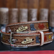 Western Leather Belt Tooled Hand Painted Western Motifs Hat, Horse ,boots Sz 40