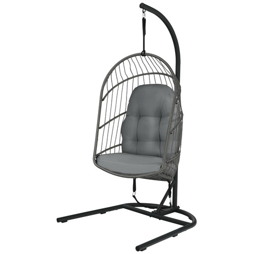 Hanging Hammock Egg Chair Patio Rattan Swing Chair w/ Stand & Grey Cushions - Picture 9 of 9
