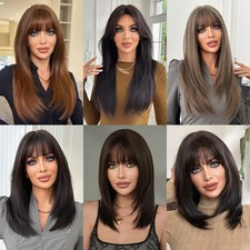 Natural Shoulder Length Straight Layered Wig with Bangs Age Reducing Synthetic