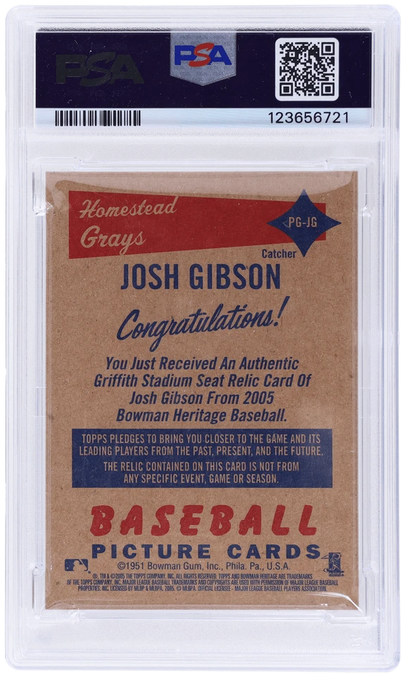 2005 Bowman Heritage Josh Gibson Pieces of Greatness Relic #PGJG PSA Auth - Image 2 of 2