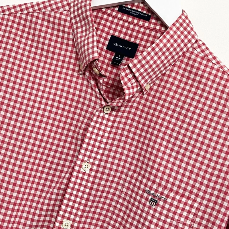 Gant Shirt Mens Large L The Broadcloth Gingham Gingham Pink White Long Sleeve - Image 3 of 4
