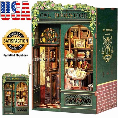 Book Nooks Owl Bookstore DIY Miniature House Kit 3D Wooden Puzzle with LED Light