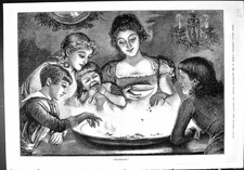 Original Old Antique Print Snapdragon 1887 Children Food Bowl Walker Victorian