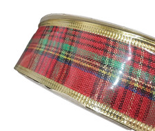Christmas Tartan Plaid Wired Ribbon 125' x 1.25" Polyester Metallic Gold Edges