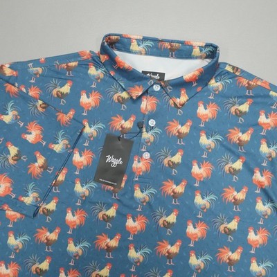 Waggle Men's Cocky Rooster Animal Print Pattern SS Polo Shirt Golf Stretch Blue