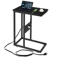 C-Shaped End Side Table with Charging Station & 2 USB Ports and Outlets for L...