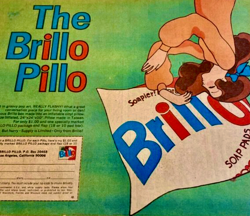 BRILLO PILLO Vintage riesiges aufblasbares MOD Kissen Pop Art 1969 Werbung