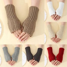 Women Winter Long Half Finger Fingerless Gloves Arm Hand Warmer Knitted Mitte -