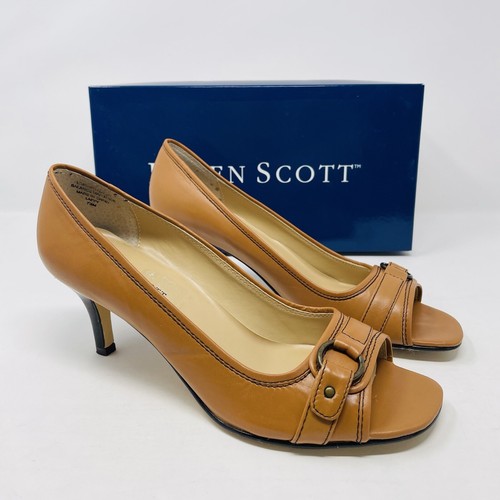 Karen Scott Womens Size 7.5M Laffy Leather Peep Toe Heels with Buckle in Brown