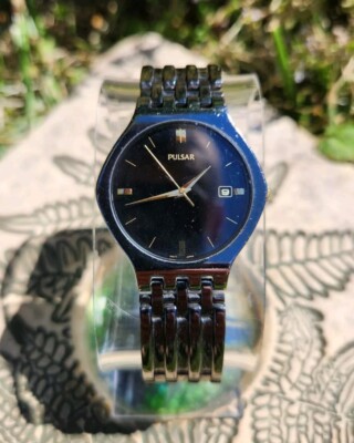 Vtg Pulsar V732-X091 Gunmetal Black/Gold Men's 35mm Date Watch NEW BATTERY!