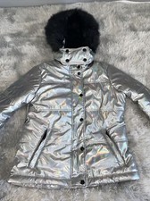 Ladies Size Uk 4-6 Topshop Sno Ski Silver Jacket Coat Faux Fur Hood Snow