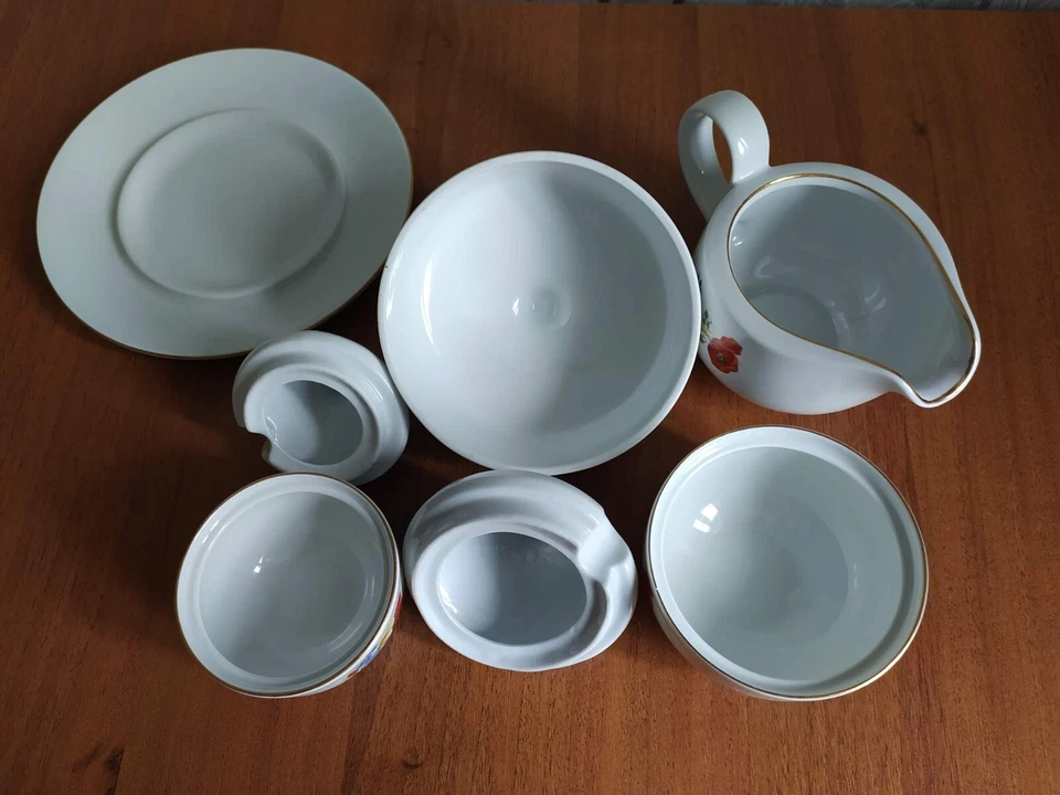 Juego engrasador de porcelana, lechero, bote de salsa, mostaza, salero de pimienta, KAHLA RDA Foto 4 de 4