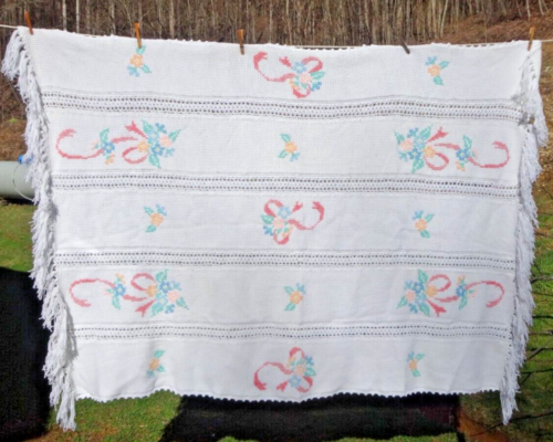 Handmade Crocheted White Afghan Cross Stitch Flowers Throw Lap Blanket 68 x 52