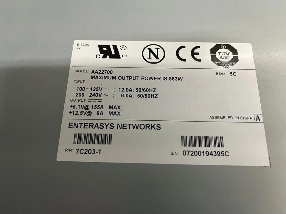 Enterasys Networks 7C203-1 Matrix Power Supply AA22700 MATRIX N3 863 W E132002 - Image 4 of 4
