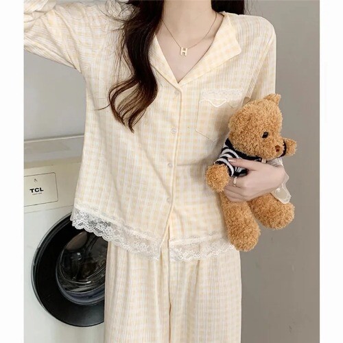 Neu Loungewear Pyjama Damen V-Ausschnitt Langarm Hose Set Spitze Baumwolle Nachtwäsche - Bild 10 von 20