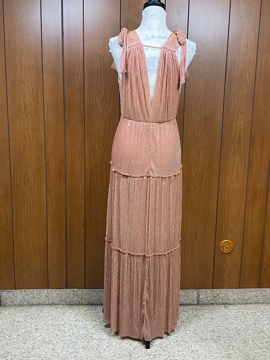 knee length dresses for ladies Gold Thin Strap Pleated Metallic Gown With 3D Flower
