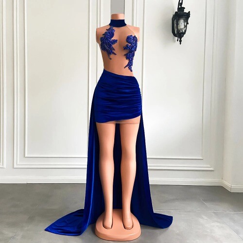 Sexy See Through Sparkly Beaded Party Gowns Short Front Back Velvet