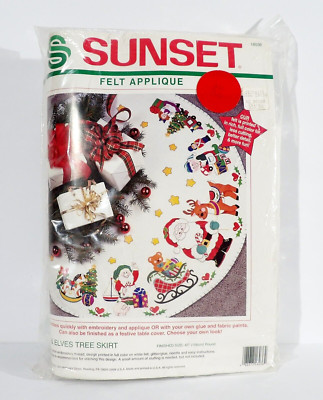 Vintage Sunset SANTA & ELVES Christmas Tree Skirt Felt Applique 42'' Round SEALED