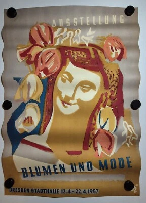 Plakat Ausstellung Blumen und Mode Dresden Kurt Zimmermann 1957 Original DDR A1 - Bild 1 von 4