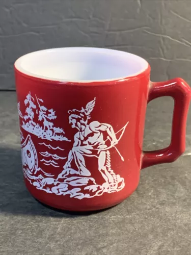 Vintage HAZEL ATLAS Milk Glass BURGUNDY MUG Child Cup Indians in Canoe w/ Hunter