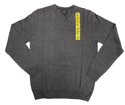 Tahari Men's Extra fine Merino Wool Solid V-Neck Sweater Charcoal
