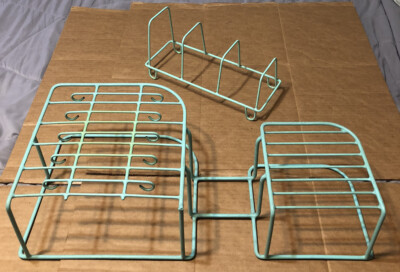Vtg Set of 2 Turquoise Rubber Coated Wire Organizers for Cups, Saucers, Dishes