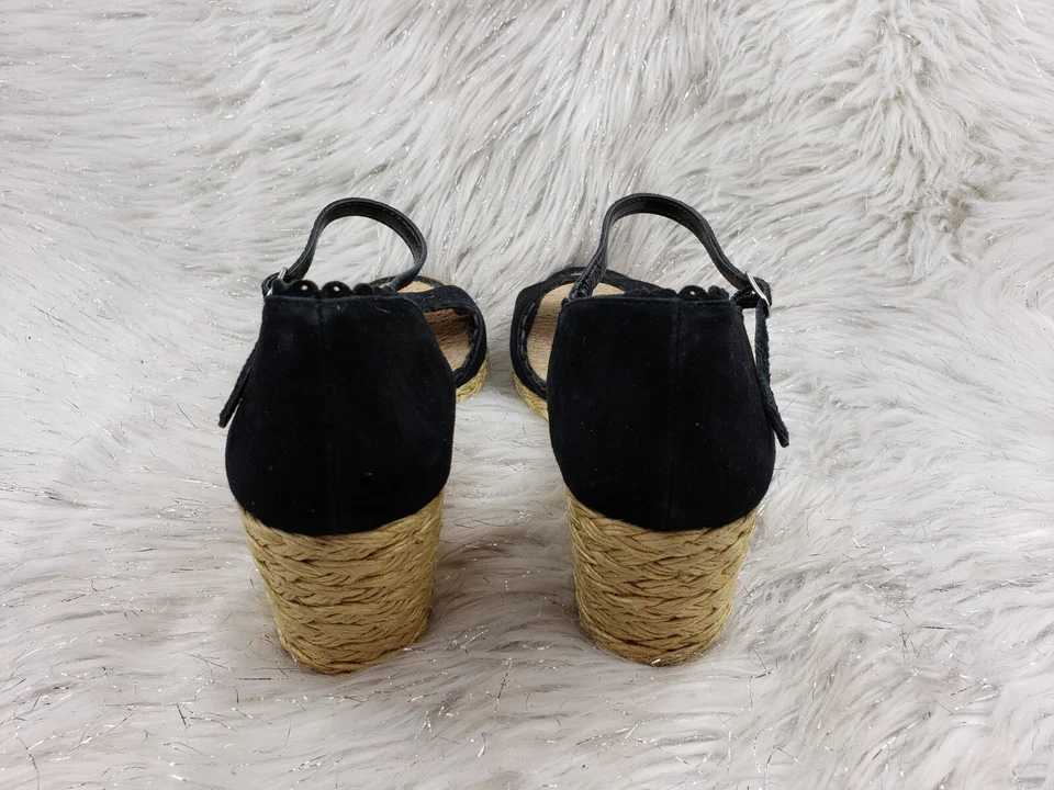 Sandalias LAUREN by Ralph Lauren Tacón Cuerda Cuña Cuero Negro Correa al Tobillo Talla 8.5B Foto 4 de 4