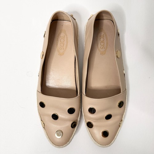 TOD'S Gommino Espadrille Driving Shoes Women 38.5 Beige Gold Loafers Leather