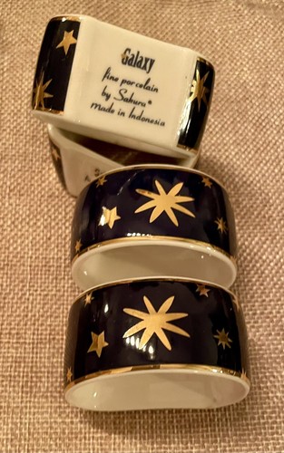 Galaxy BLUE 1999 Fine Porcelain set of 4 Napkin Rings 14k Gold Accent - 第 3/4 張圖片