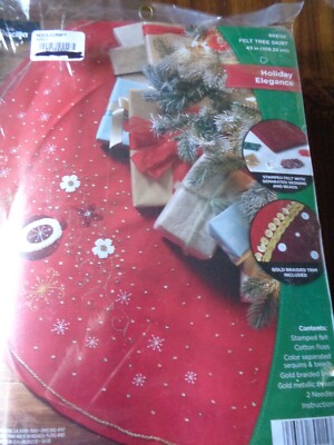 BUCILLA FELT JEWELED CHRISTMAS RED TREE SKIRT KIT HOLIDAY ELEGANCE 43'' ROUND