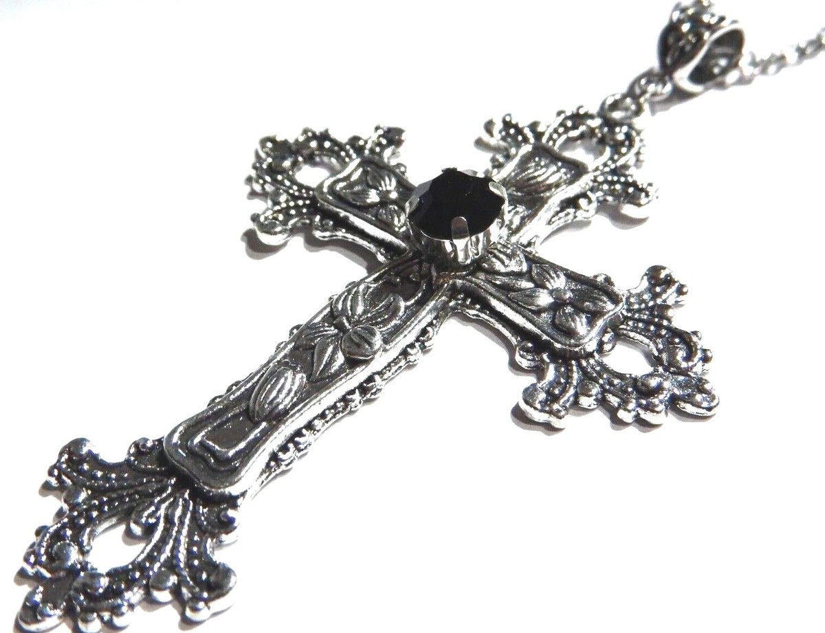 SILVER TONE GOTHIC CROSS black glass stone crucifix necklace