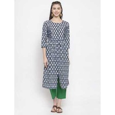 Blue Printed Gather Dress Kurta Long Women Indi Party Wear Traditional Look Gift
