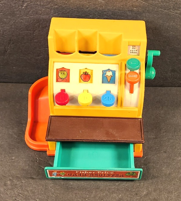 как выглядит VINTAGE 1974 FISHER PRICE TOY CASH REGISTER ONLY TESTED AND WORKING NO COINS фото